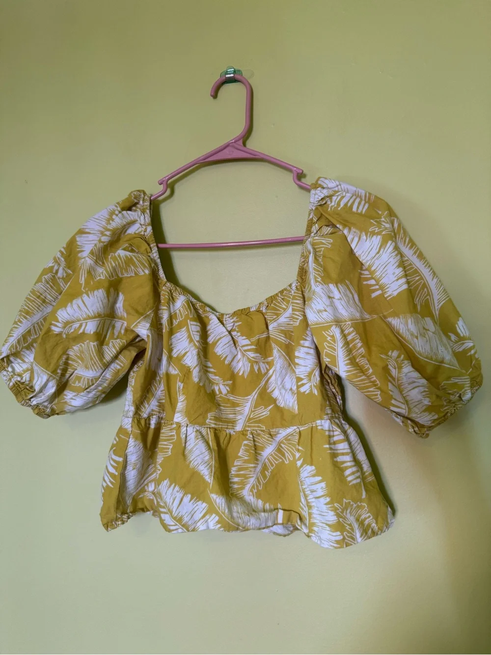 Smocked Puff Sleeve Peplum Top - yellow Leaf Print